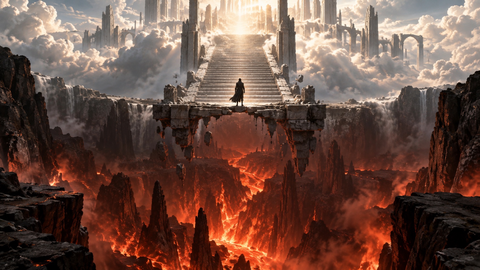 A traveler stands between a radiant world above and a volcanic abyss below