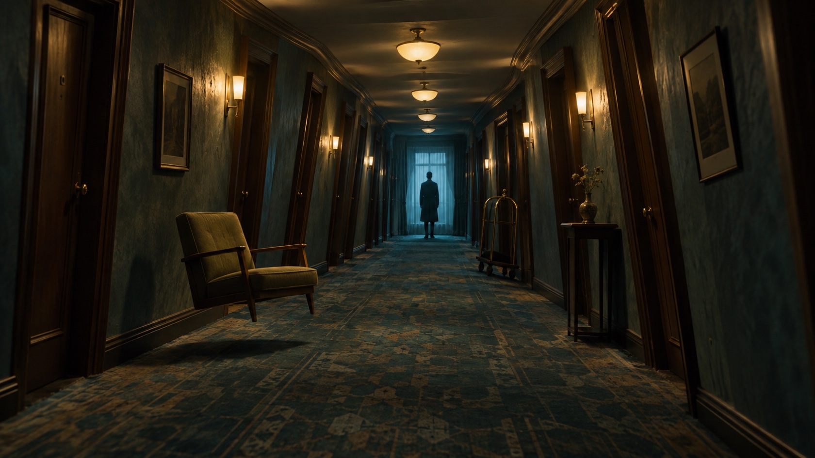 An uncanny hotel corridor bends around a lone figure and a floating chair