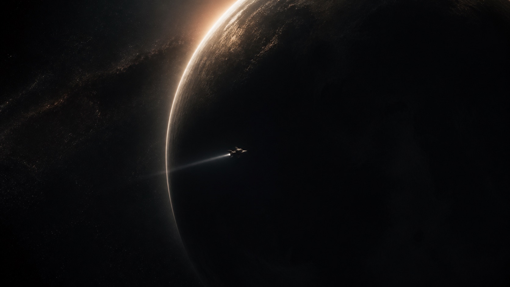 A tiny spacecraft passes the shadow of an enormous planet