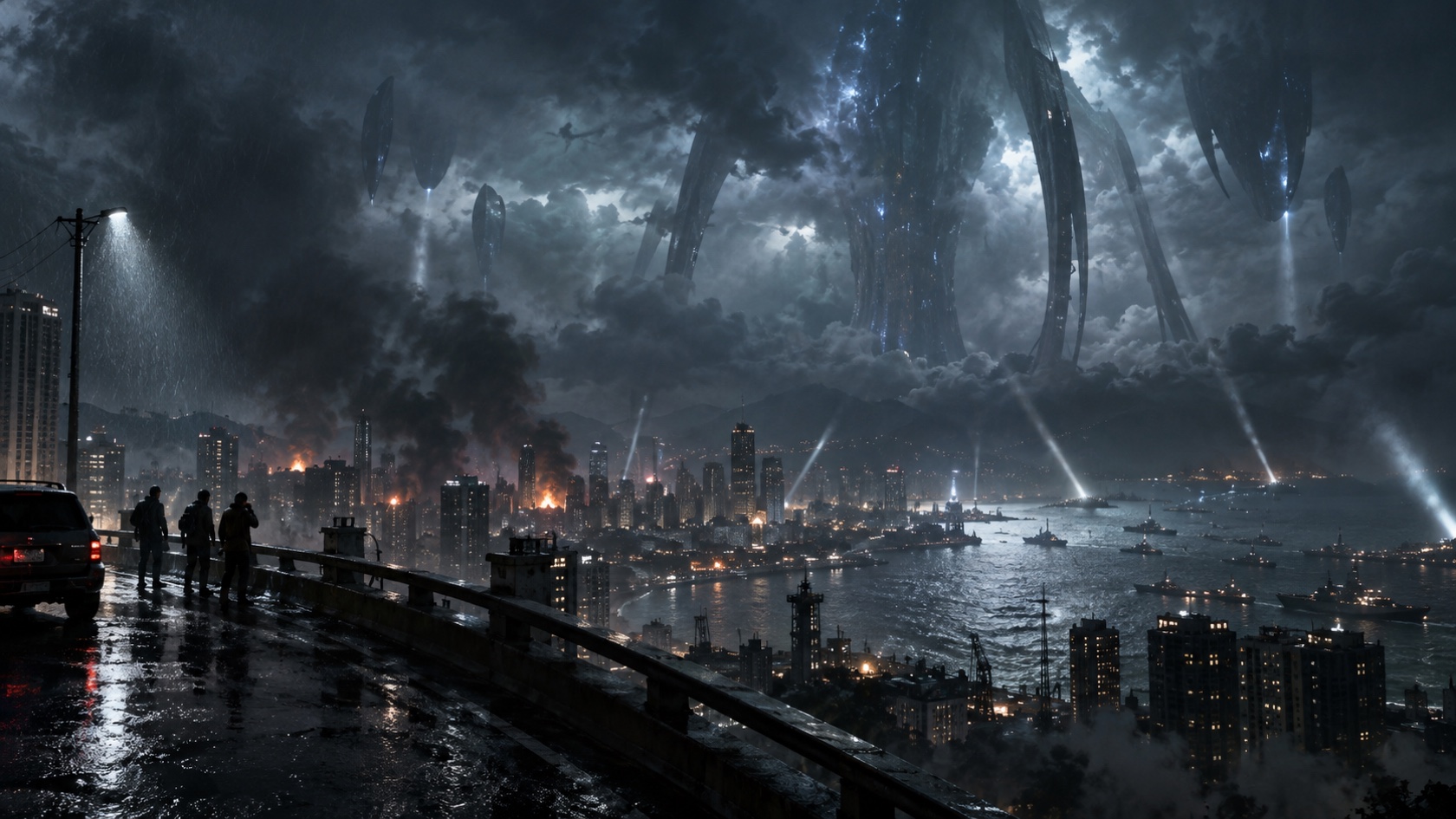 People watch enormous alien structures descend over a stormy coastal city