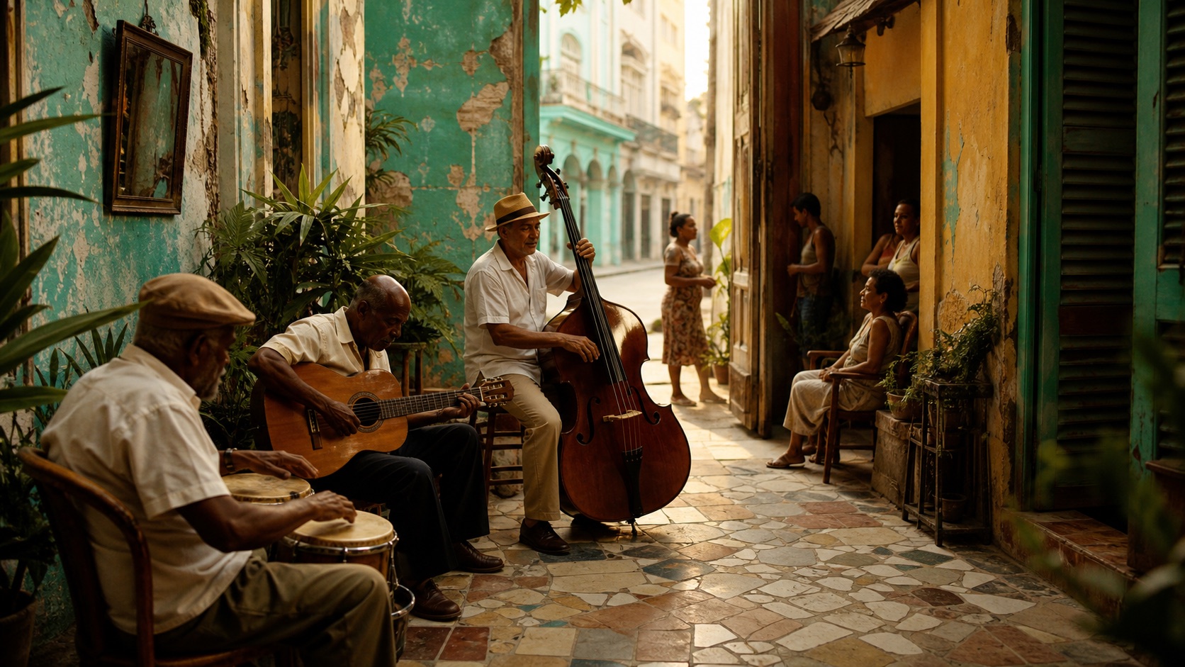 Musicians share a warm afternoon in a Havana courtyard